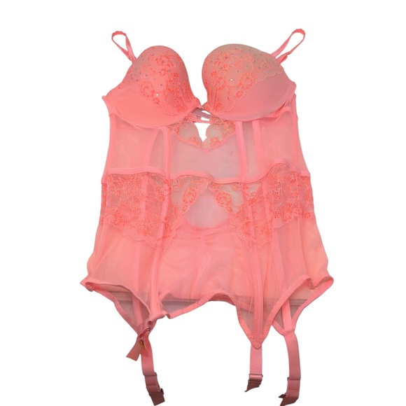 Victoria's Secret Other - Victoria’s Secret Rhinestone Corset Bustier Bright Coral 36C Garter Straps